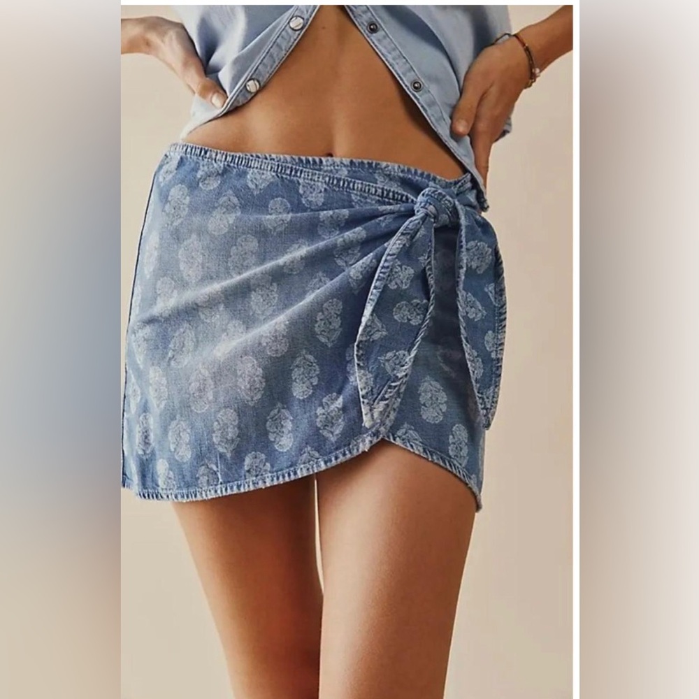 Free People Denim Tie-Waist Mini Skirt